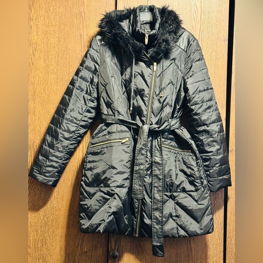 Via Spiga Mixed-Media Puffer Hooded Trench Coat, Black Large
